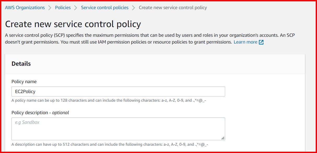 Picture showing the create new service control policy screen